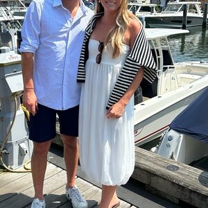 White Strapless Dress with Black Striped Sweater